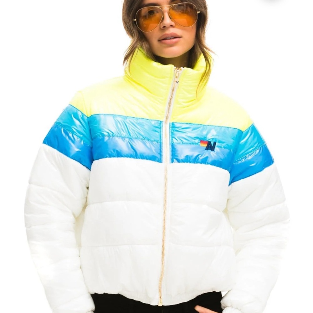 Aviator Nation Vibrant Puffer Jacket - White, Blue, Yellow
